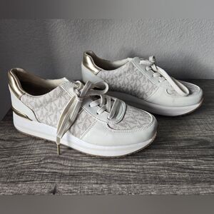 Michael Kors Monique Trainer Sneakers White and Gold Shoes For Women, Size 7